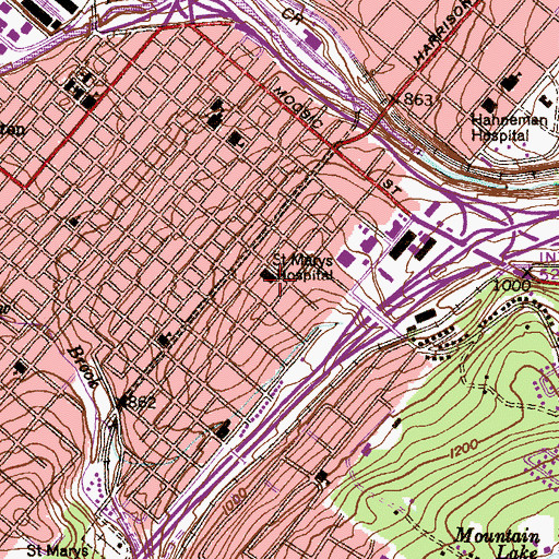 Topographic Map of Saint Marys Hospital, PA