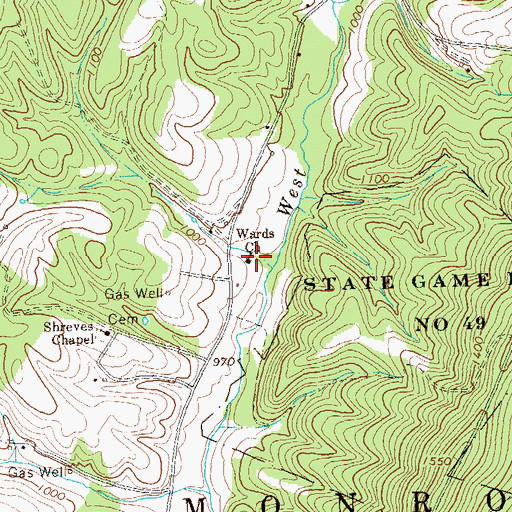 Topographic Map of Wards Church, PA