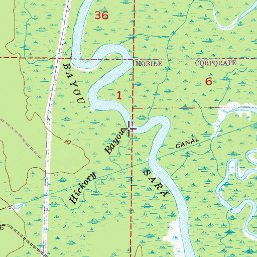 Topographic Map of Hickory Bayou, AL