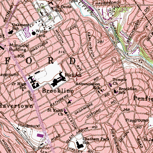 Topographic Map of WHHS-FM (Havertown), PA