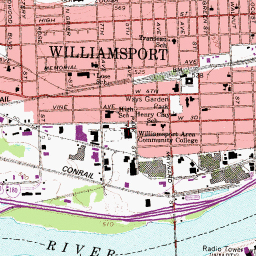 Topographic Map of WWAS-FM (Williamsport), PA