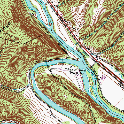 Topographic Map of WHUN-AM (Huntingdon), PA