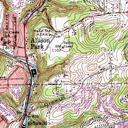 Topographic Map of KDKA-AM (Pittsburgh), PA