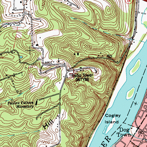 Topographic Map of WACB-AM (Kittanning), PA