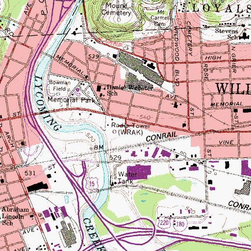 Topographic Map of WRAK-AM (Williamsport), PA