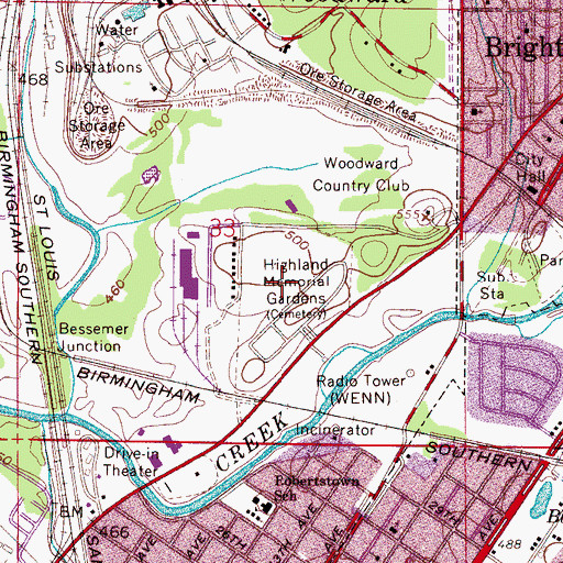 Topographic Map of Highland Memorial Gardens, AL