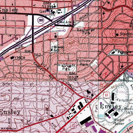 Topographic Map of Highlands Park, AL