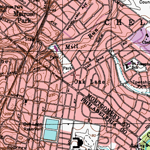 Topographic Map of Oaklane, PA