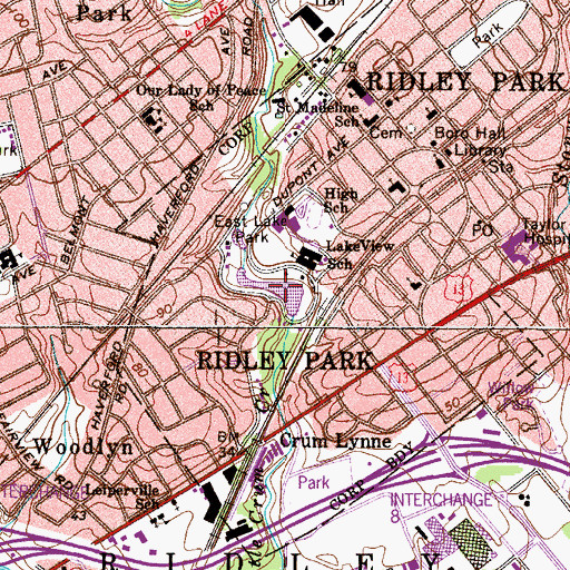 Topographic Map of Ridley Park Lake, PA
