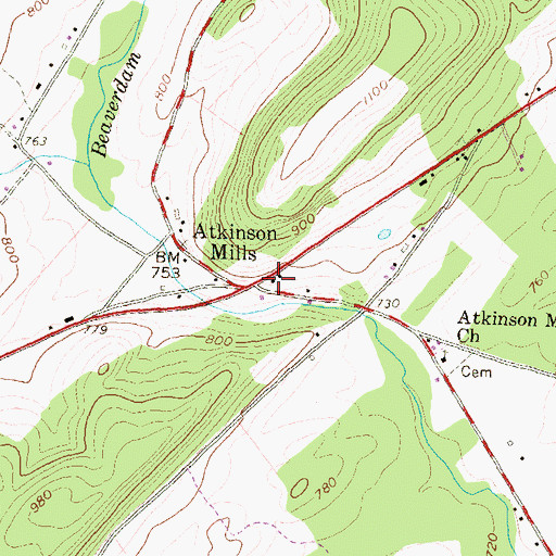 Topographic Map of Atkinson Mills, PA