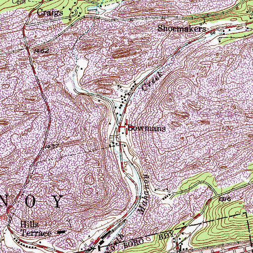 Topographic Map of Bowmans, PA