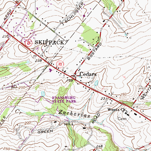 Topographic Map of Cedars, PA