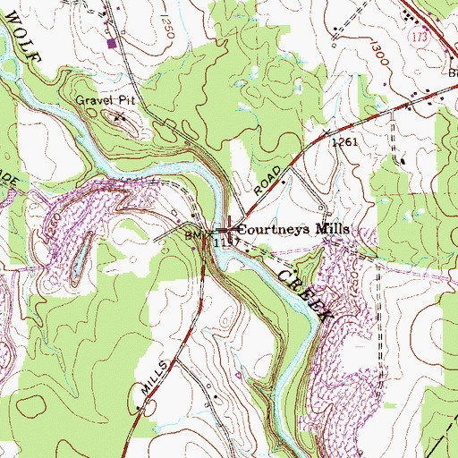 Topographic Map of Courtneys Mills, PA