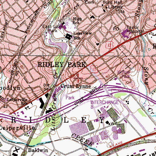 Topographic Map of Crum Lynne, PA