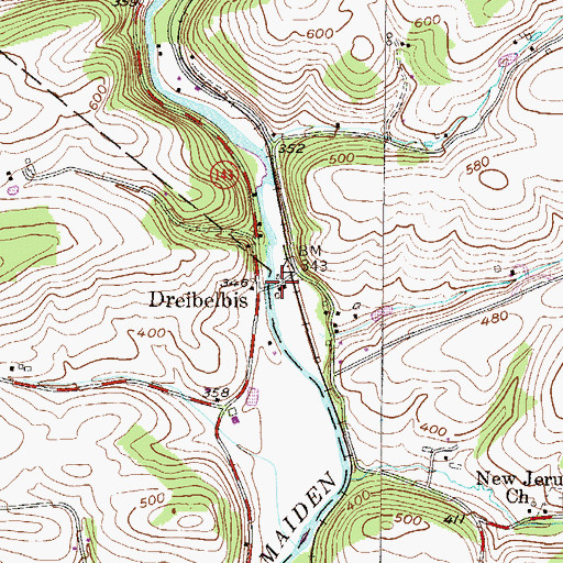 Topographic Map of Dreibelbis, PA