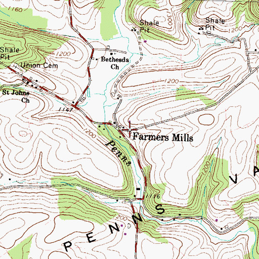 Topographic Map of Farmers Mills, PA