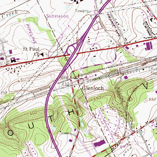 Topographic Map of Glenloch, PA