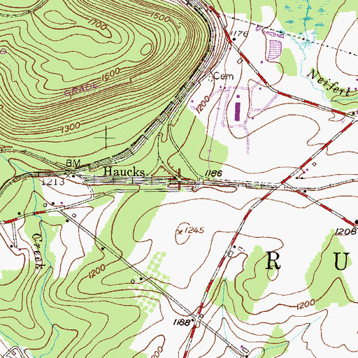 Topographic Map of Haucks, PA