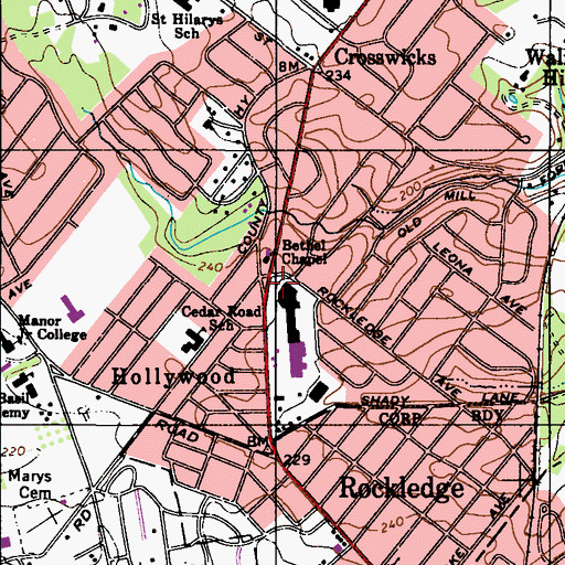 Topographic Map of Hollywood, PA