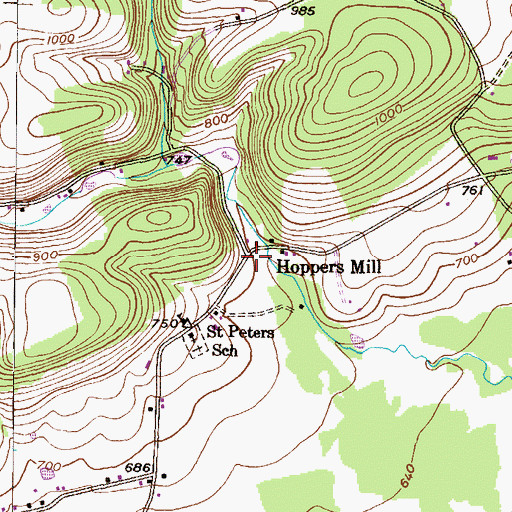 Topographic Map of Hoppers Mill, PA