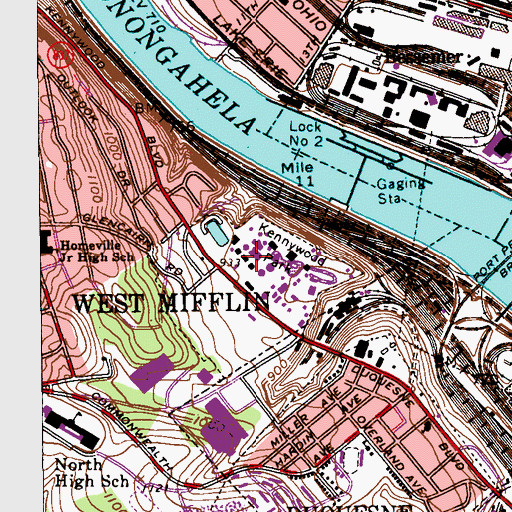 Topographic Map of Kennywood Park, PA