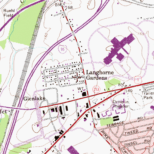 Topographic Map of Langhorne Gardens, PA