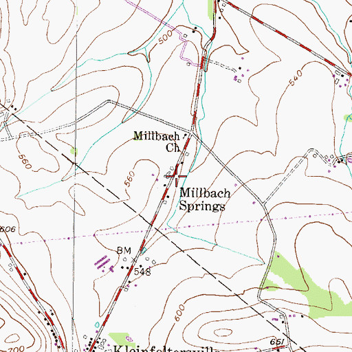 Topographic Map of Millbach Springs, PA