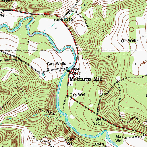 Topographic Map of Mottarns Mill, PA