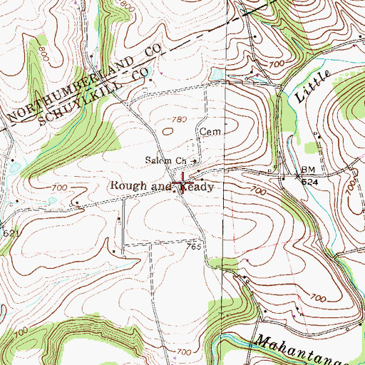 Topographic Map of Rough and Ready, PA