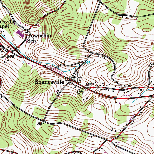 Topographic Map of Shanesville, PA