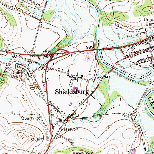 Topographic Map of Shieldsburg, PA