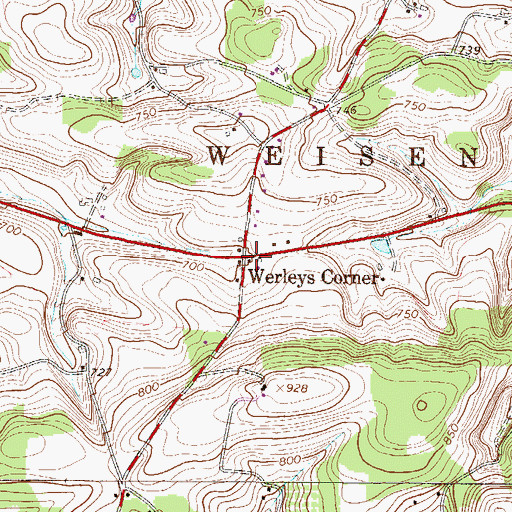 Topographic Map of Werleys Corner, PA