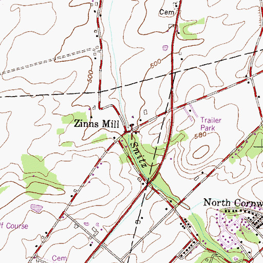 Topographic Map of Zinns Mill, PA