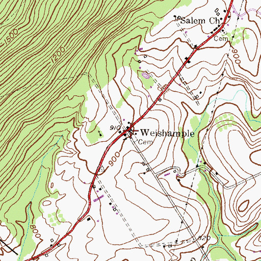 Topographic Map of Weishample, PA
