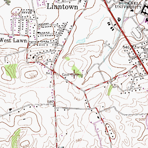 Topographic Map of Bucknell University Golf Course, PA