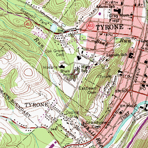 Topographic Map of Tyrone Area Junior Senior High School, PA