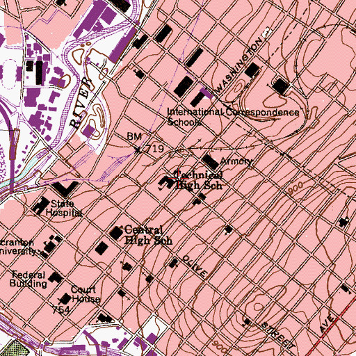 Topographic Map of Scranton Technical High School, PA