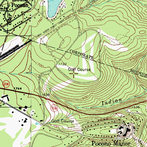 Topographic Map of Pocono Manor Golf Course, PA