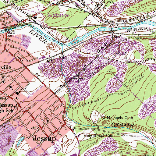 Topographic Map of Mount Jessup Colliery, PA