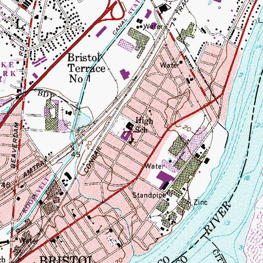 Topographic Map of Bristol Middle - High School, PA