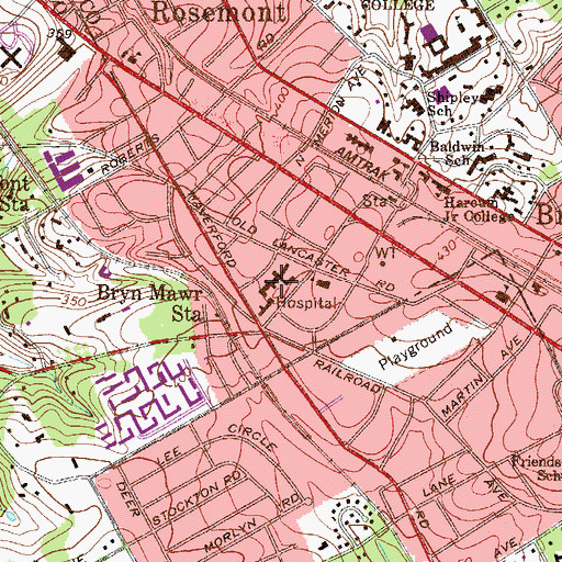 Topographic Map of Bryn Mawr Hospital, PA
