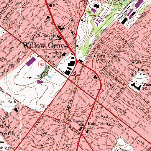Topographic Map of Willow Grove Station, PA