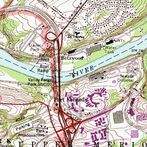 Topographic Map of Betzwood Bridge (historical), PA