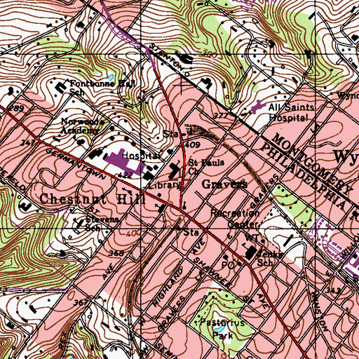 Topographic Map of Chestnut Hill Station, PA