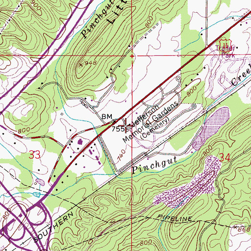 Topographic Map of Jefferson Memorial Gardens, AL