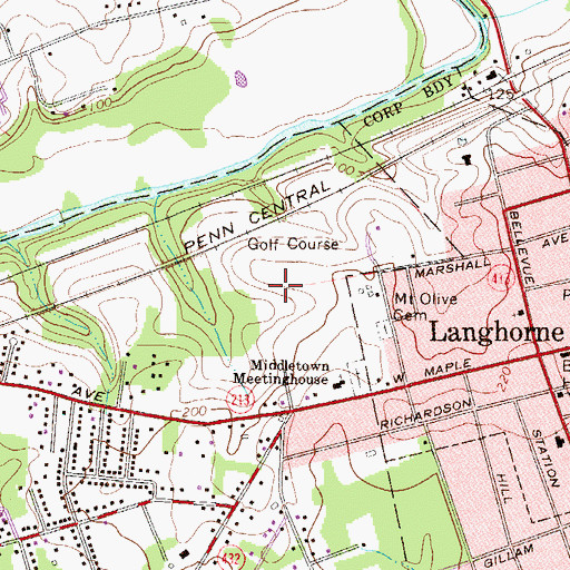 Topographic Map of Langhorne Country Club, PA