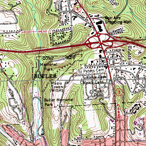 Topographic Map of Butler Shopping Mall, PA