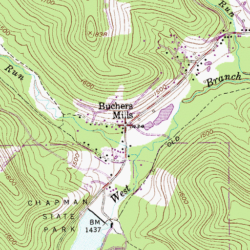 Topographic Map of Buchers Mills, PA