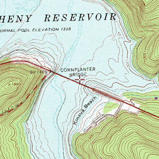 Topographic Map of Cornplanter Bridge, PA