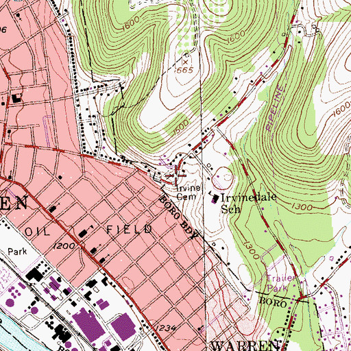Topographic Map of Irvine Cemetery, PA